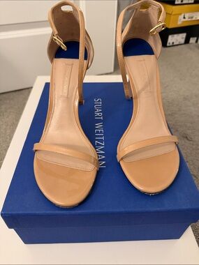 Stuart Weitzman Patent Leather Beige Ankle-Strap Sandals